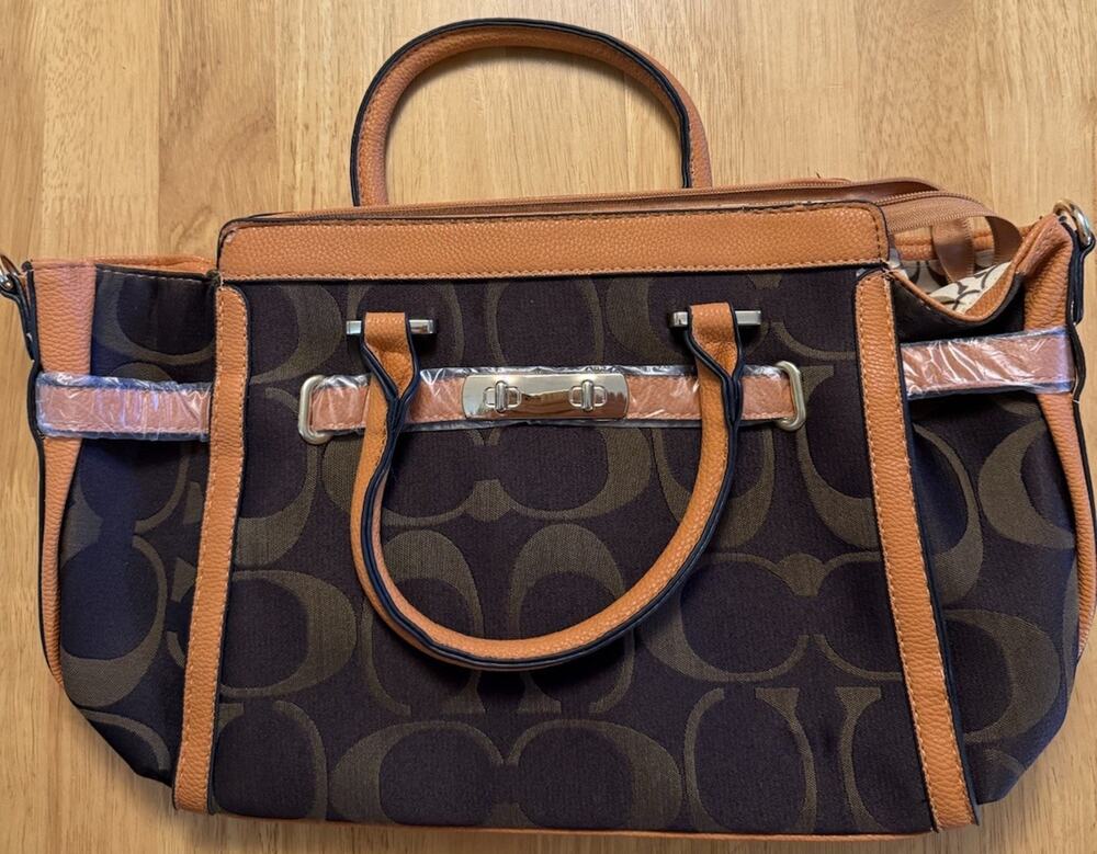 Coach Signature Brown Canvas Satchel Orange Leather Trim Protective Wrap
